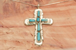 Genuine Sleeping Beauty Turquoise Sterling Silver Zuni Cross Pendant